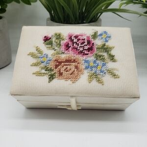 Fetco Vintage Colourful Floral Needlepoint Cream Satin Jewelry Box